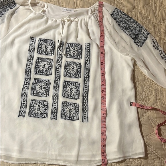 Calvin Klein Women’s White Top Tunic With Black Embroidery 3/4 Sleeves - Picture 7 of 10